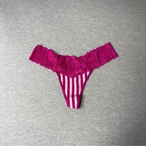 Victoria's Secret Hot Pink Striped Lace Waist Cotton Thong Panty